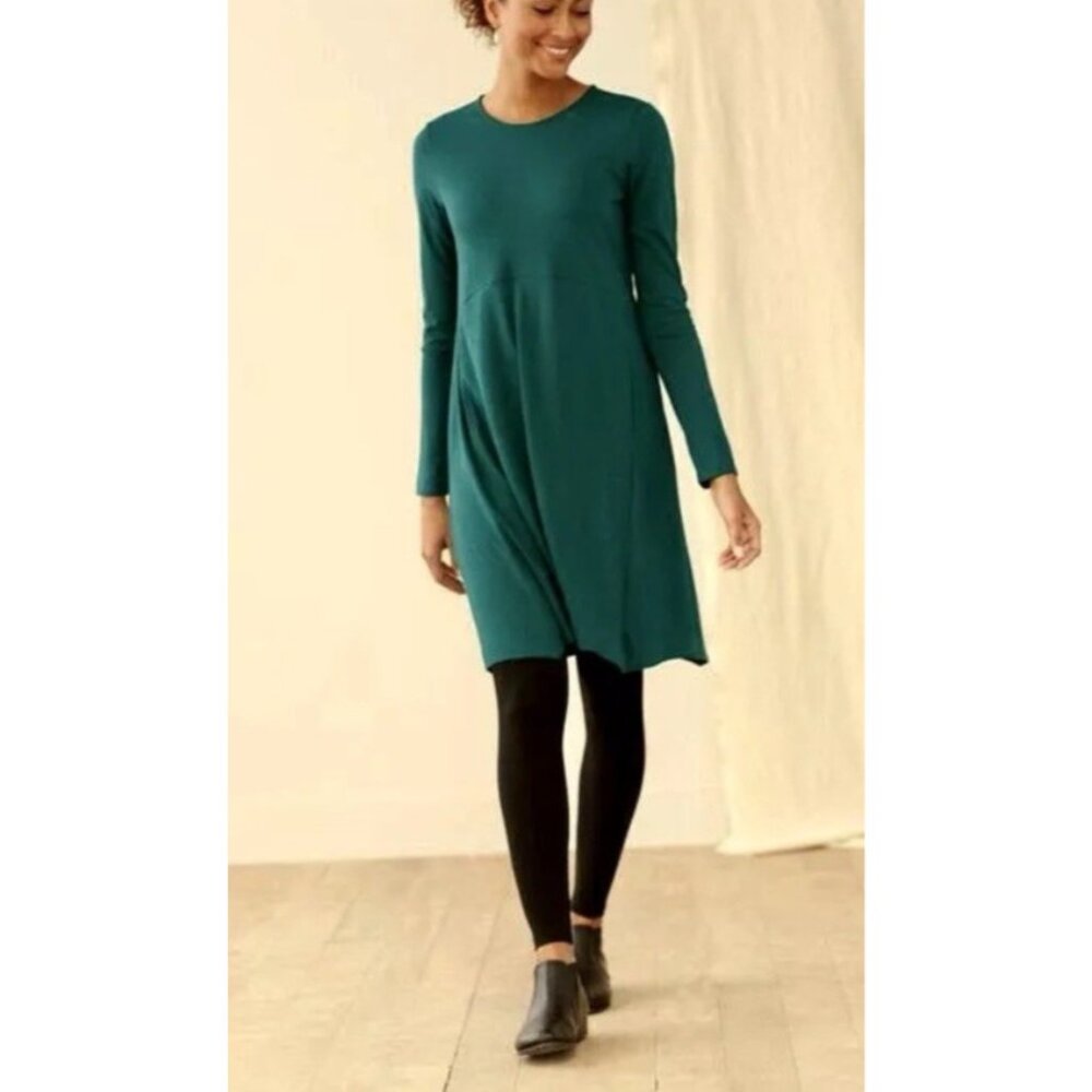 J Jill Medium Dipped Hem Swing Dress Green Cotton Modal Long Sleeve Washable NEW
